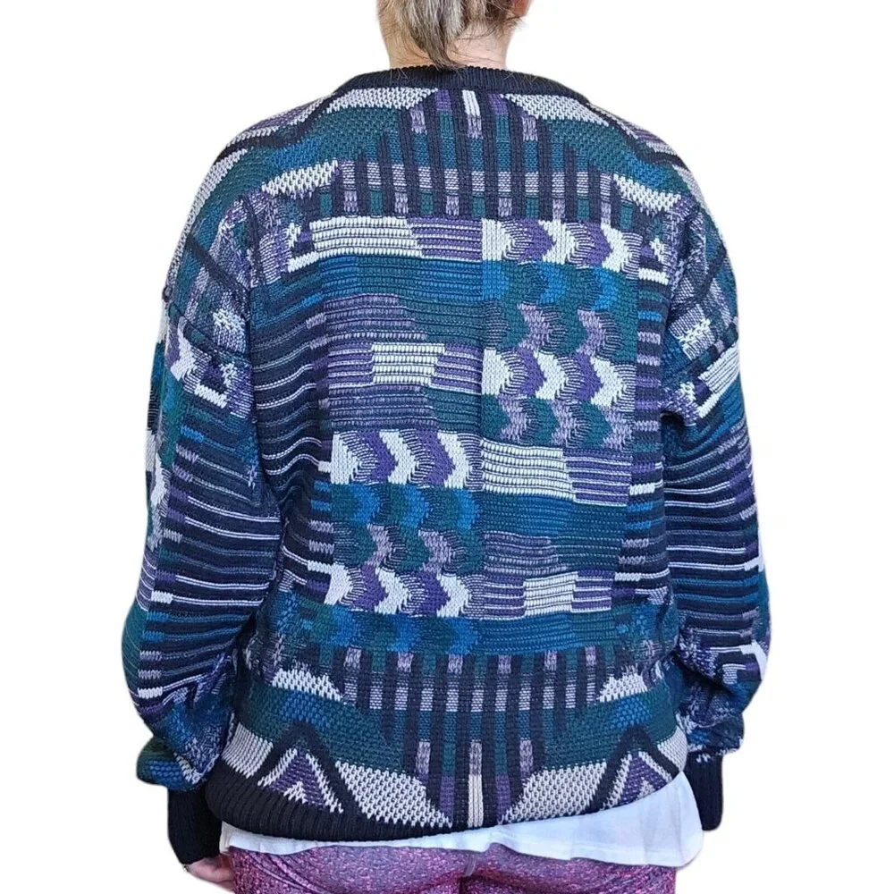 Vintage 80s 90s Mens Large Dad Sweater Faux‎ Leather Patches Geometric Retro